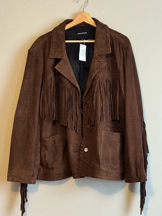 Lucky brand boho fringe leather jacket xl brown western wear - Picture 1 of 10